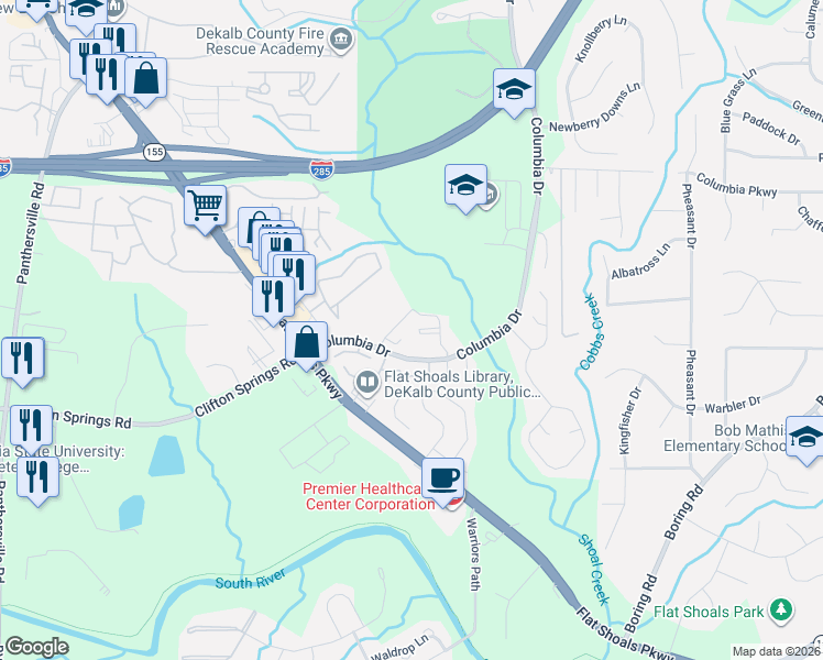 map of restaurants, bars, coffee shops, grocery stores, and more near 3321 Peppertree Circle in Decatur