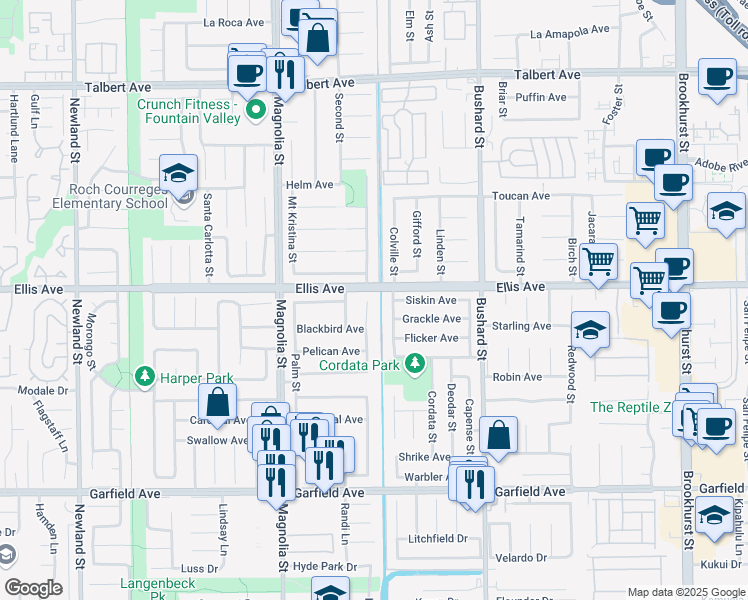 map of restaurants, bars, coffee shops, grocery stores, and more near 18534 Cottonwood Street in Fountain Valley