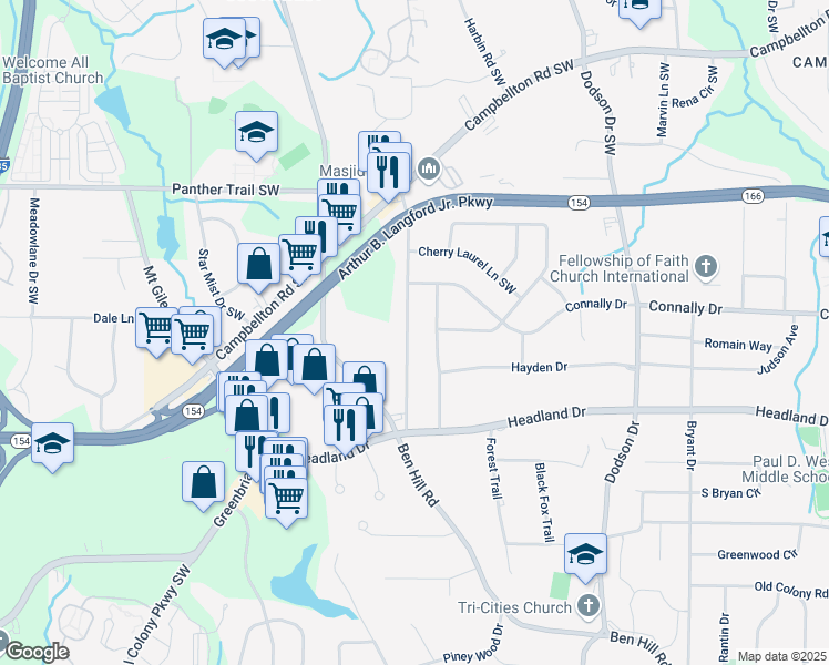 map of restaurants, bars, coffee shops, grocery stores, and more near 2262 Maxwell Drive Southwest in Atlanta