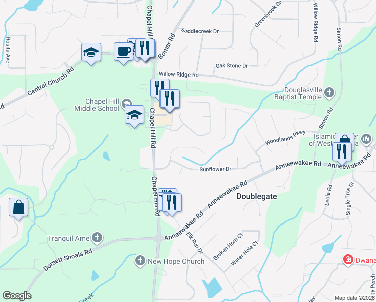 map of restaurants, bars, coffee shops, grocery stores, and more near 4413 Treeline Way in Douglasville