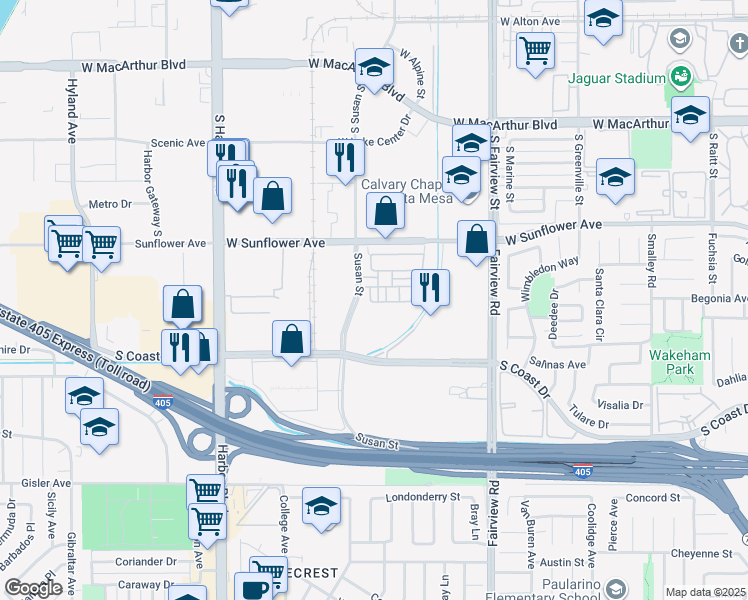 map of restaurants, bars, coffee shops, grocery stores, and more near 3351 Via Trentino in Costa Mesa