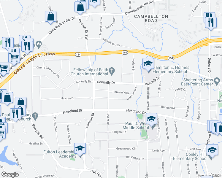 map of restaurants, bars, coffee shops, grocery stores, and more near 2264 Bryant Drive in East Point
