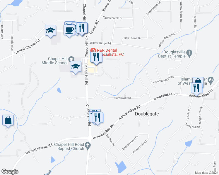 map of restaurants, bars, coffee shops, grocery stores, and more near 4423 Treeline Way in Douglasville