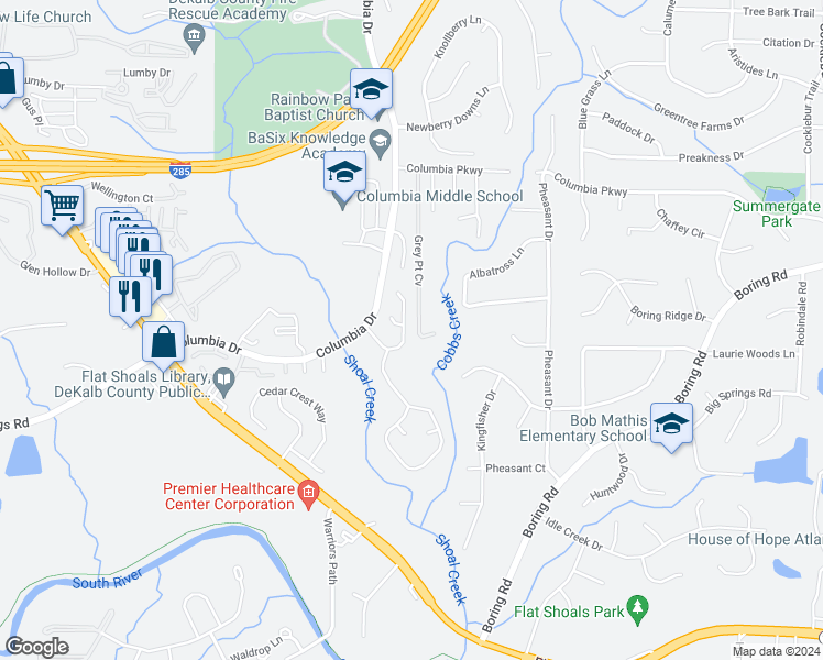 map of restaurants, bars, coffee shops, grocery stores, and more near 3114 Springside Crossing in Decatur