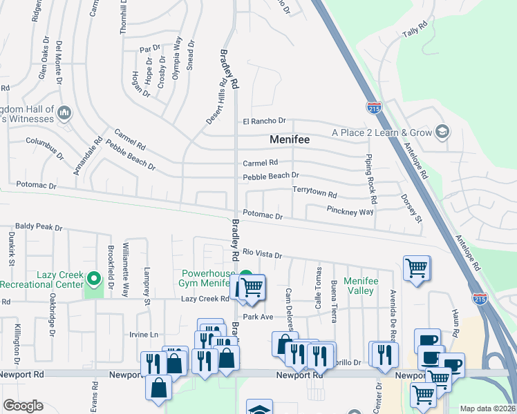 map of restaurants, bars, coffee shops, grocery stores, and more near 27067 Potomac Drive in Menifee