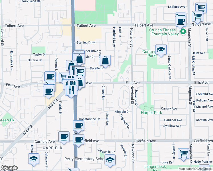 map of restaurants, bars, coffee shops, grocery stores, and more near 18507 Pueblo Circle in Huntington Beach