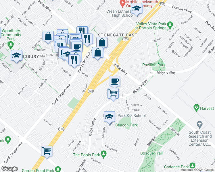 map of restaurants, bars, coffee shops, grocery stores, and more near 1118 Epic in Irvine