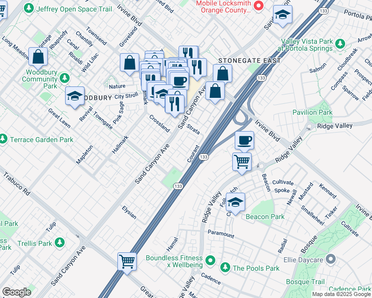 map of restaurants, bars, coffee shops, grocery stores, and more near 59 Courant in Irvine