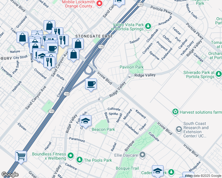 map of restaurants, bars, coffee shops, grocery stores, and more near 167 Tenor in Irvine