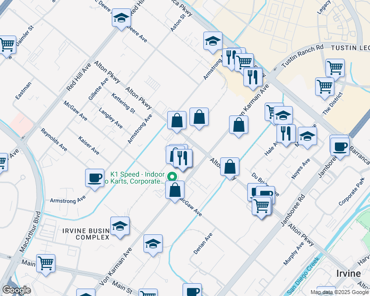 map of restaurants, bars, coffee shops, grocery stores, and more near 179 Steely in Irvine
