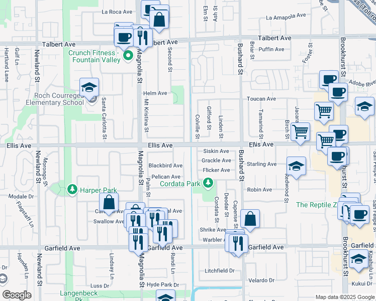 map of restaurants, bars, coffee shops, grocery stores, and more near 18534 Cottonwood Street in Fountain Valley