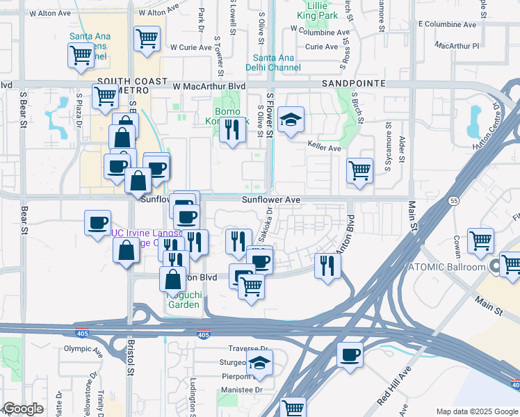map of restaurants, bars, coffee shops, grocery stores, and more near 422 Enclave Circle in Costa Mesa