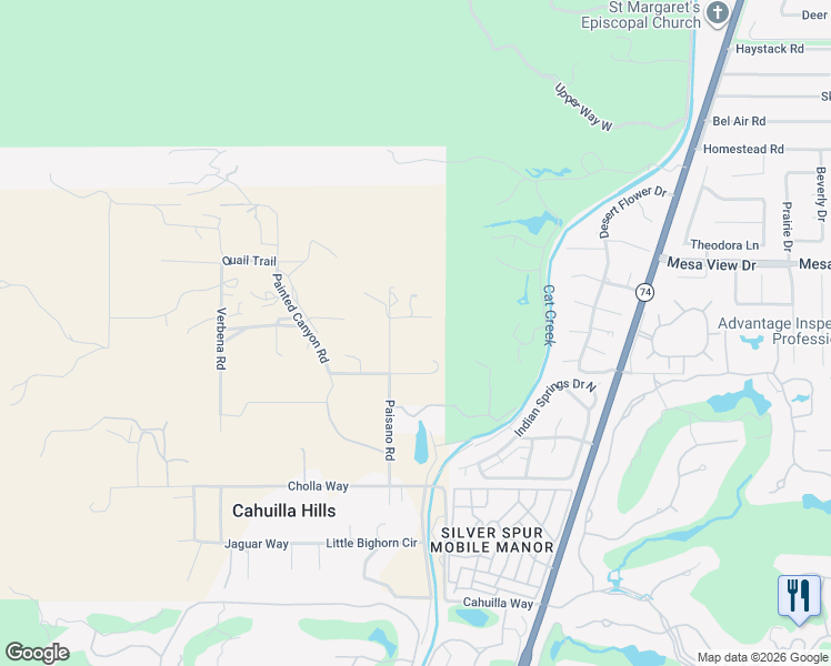map of restaurants, bars, coffee shops, grocery stores, and more near 48630 Paisano Road in Palm Desert
