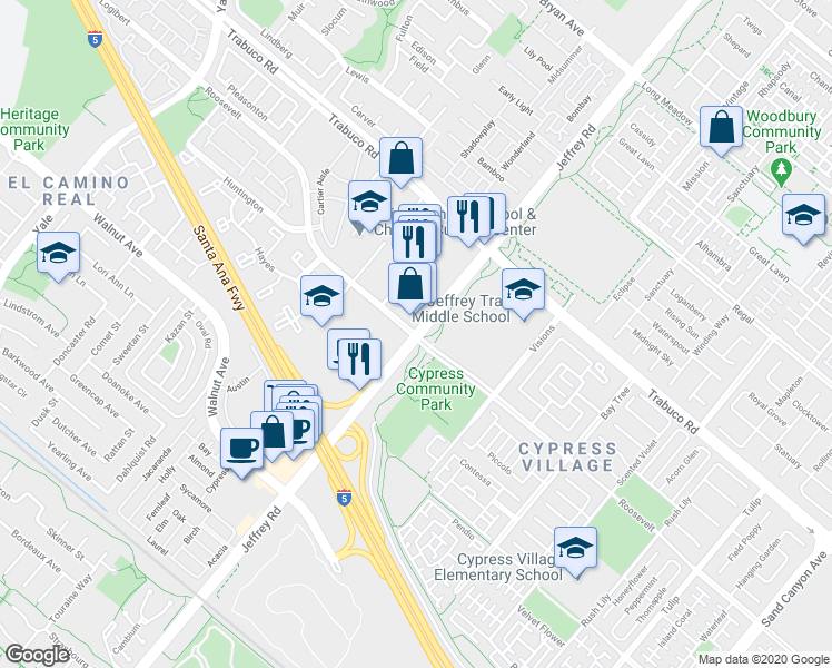 map of restaurants, bars, coffee shops, grocery stores, and more near Jeffrey Road in Irvine
