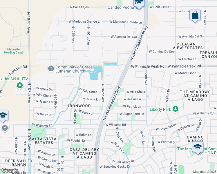 map of restaurants, bars, coffee shops, grocery stores, and more near 23100 North Lake Pleasant Parkway in Peoria
