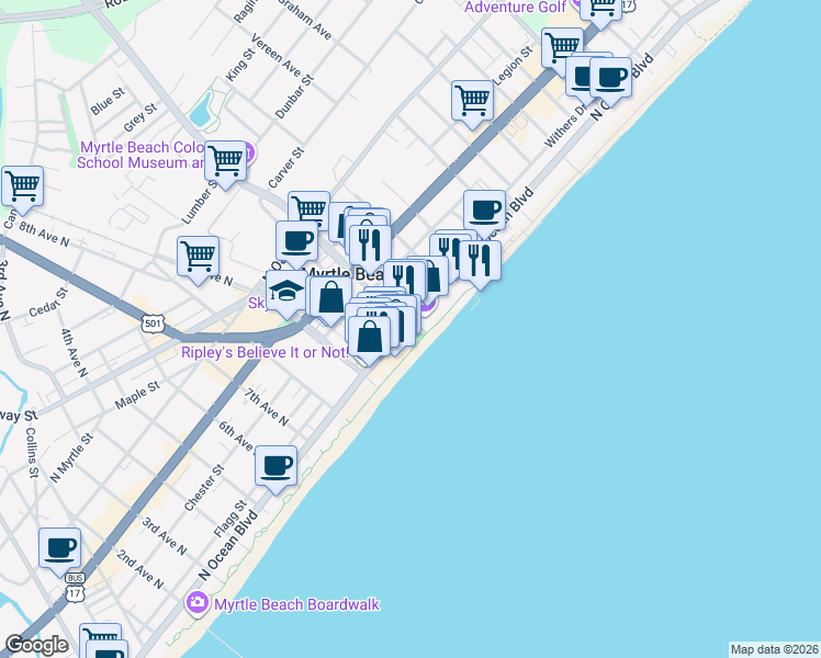 map of restaurants, bars, coffee shops, grocery stores, and more near 1100 North Ocean Boulevard in Myrtle Beach