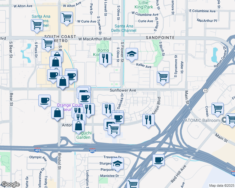 map of restaurants, bars, coffee shops, grocery stores, and more near 3400 Avenue of the Arts in Costa Mesa