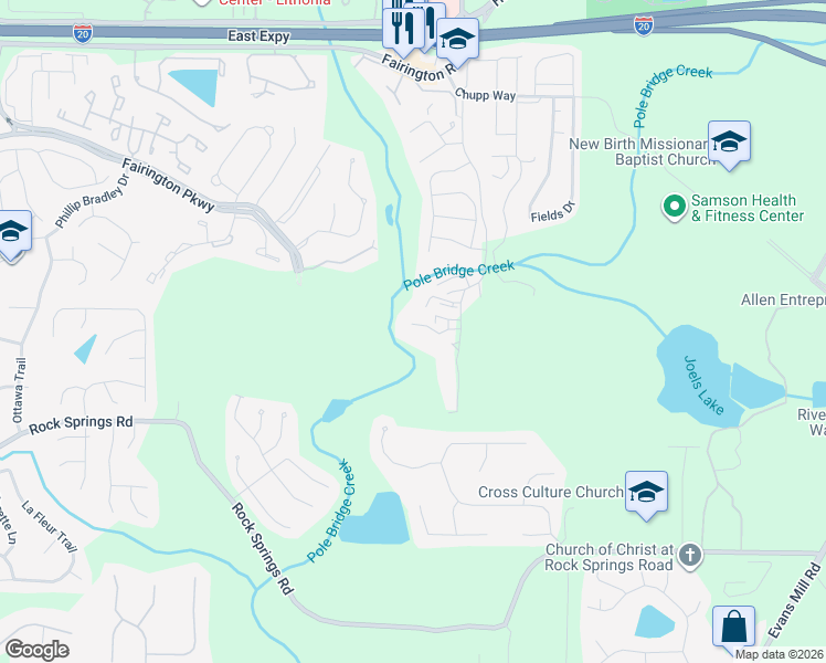 map of restaurants, bars, coffee shops, grocery stores, and more near 5844 Par 4 Way in Stonecrest