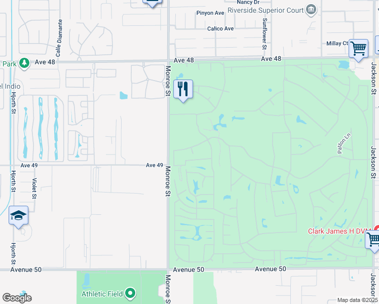 map of restaurants, bars, coffee shops, grocery stores, and more near 48875 Gosden Court in Indio