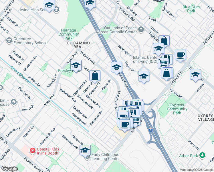 map of restaurants, bars, coffee shops, grocery stores, and more near 32 Kazan Street in Irvine
