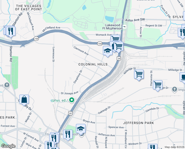 map of restaurants, bars, coffee shops, grocery stores, and more near 2247 Newnan Street in Atlanta