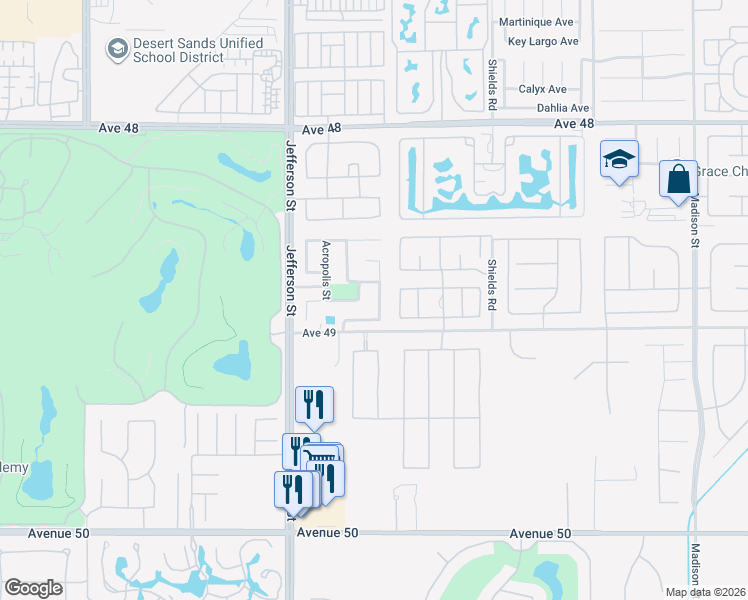 map of restaurants, bars, coffee shops, grocery stores, and more near 48841 Andorra Street in Indio