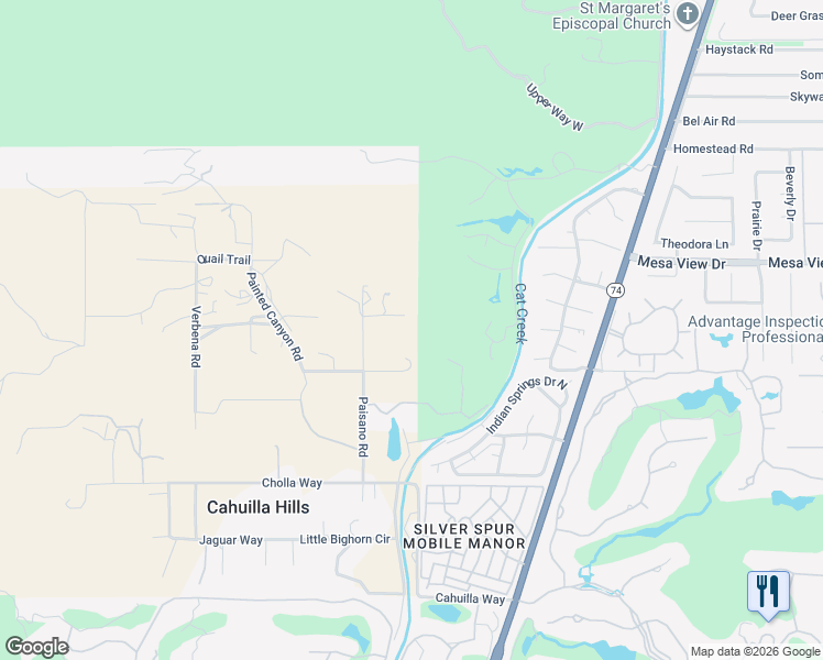 map of restaurants, bars, coffee shops, grocery stores, and more near 48630 Paisano Road in Palm Desert