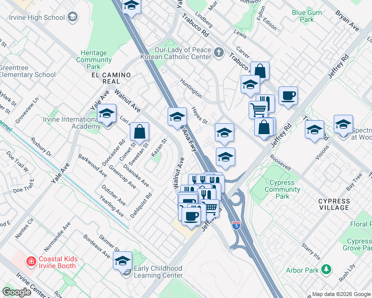 map of restaurants, bars, coffee shops, grocery stores, and more near 5151 Walnut Avenue in Irvine