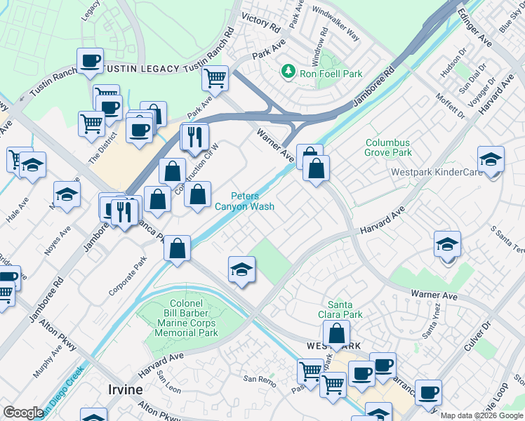 map of restaurants, bars, coffee shops, grocery stores, and more near 22 Daphne in Irvine