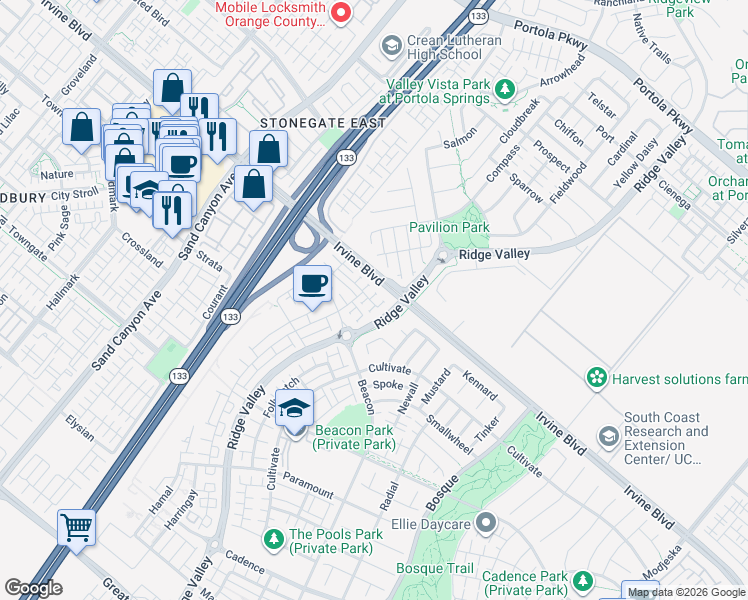 map of restaurants, bars, coffee shops, grocery stores, and more near 101 Prone in Irvine