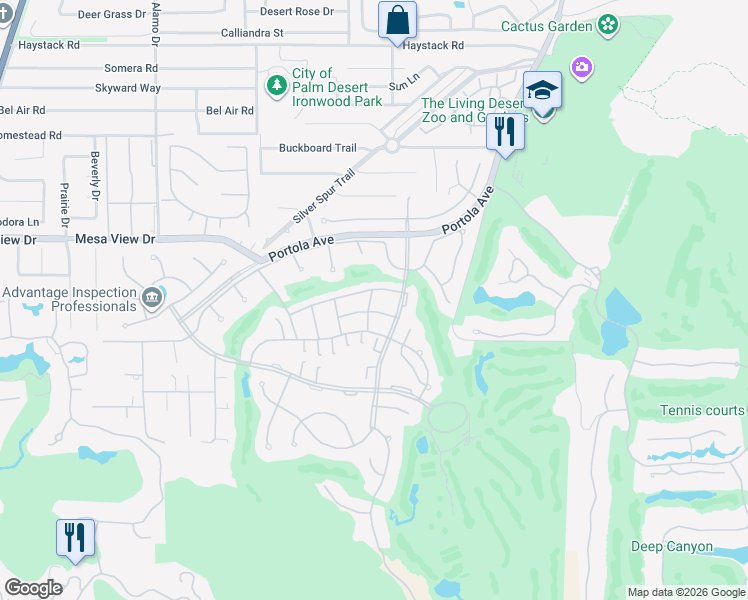 map of restaurants, bars, coffee shops, grocery stores, and more near 48860 Noline Place in Palm Desert