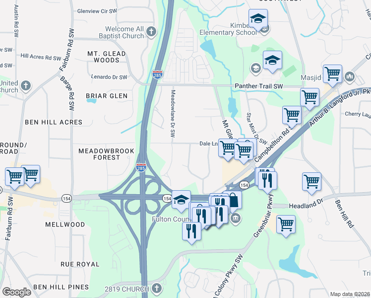 map of restaurants, bars, coffee shops, grocery stores, and more near 2301 Country Club Lane Southwest in Atlanta