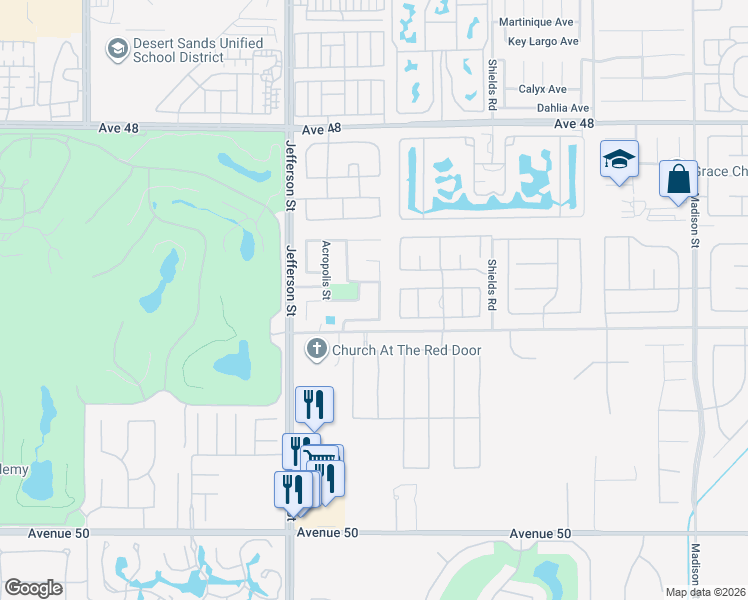 map of restaurants, bars, coffee shops, grocery stores, and more near 48841 Andorra Street in Indio