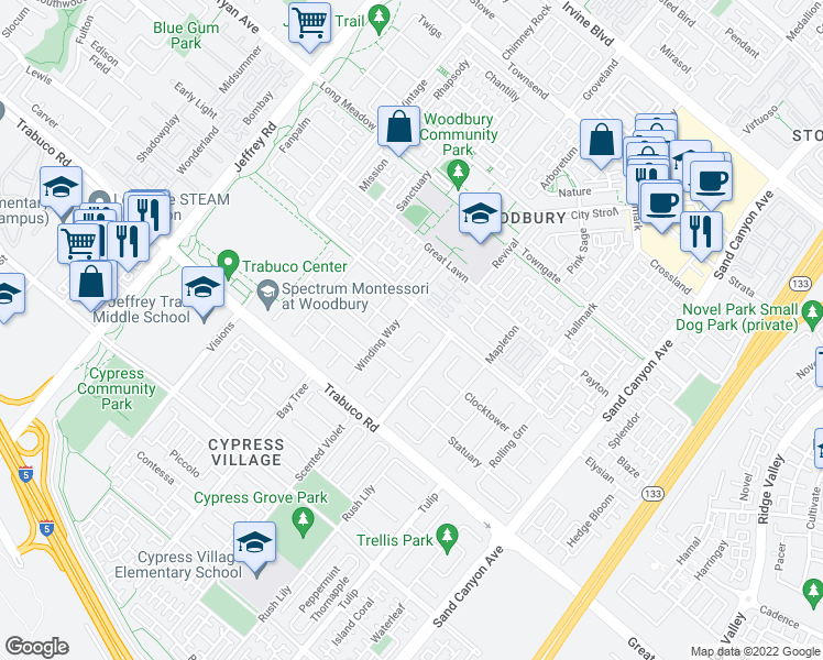 map of restaurants, bars, coffee shops, grocery stores, and more near 65 Fanlight in Irvine