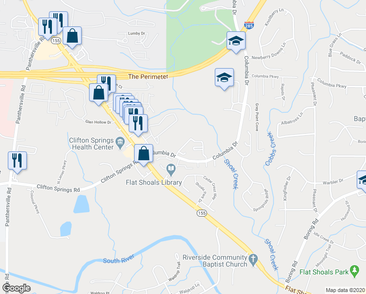 map of restaurants, bars, coffee shops, grocery stores, and more near 3370 Peppertree Circle in Decatur