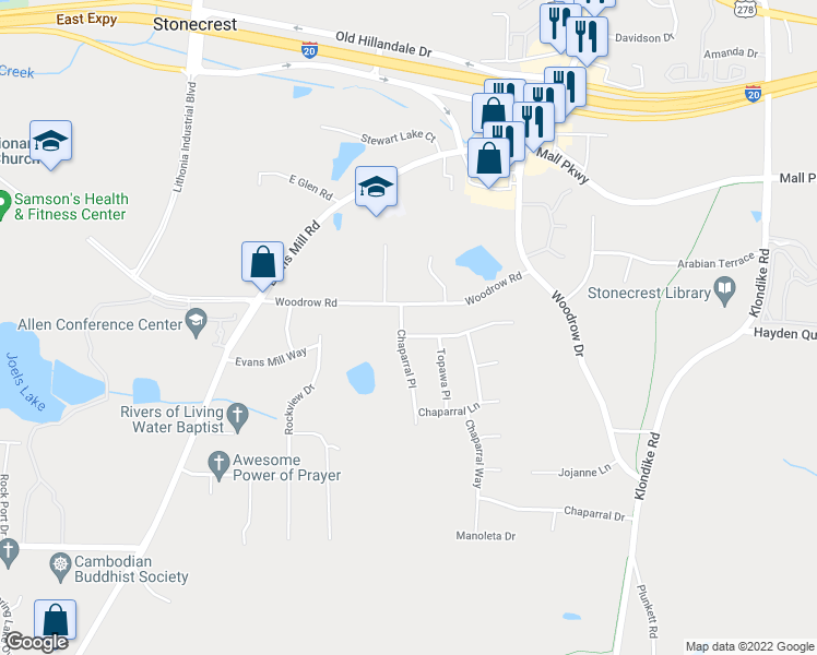 map of restaurants, bars, coffee shops, grocery stores, and more near 3072 Chaparral Place in Lithonia