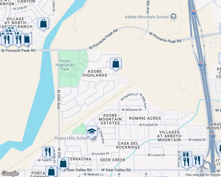 map of restaurants, bars, coffee shops, grocery stores, and more near 3201 West Adobe Dam Road in Phoenix