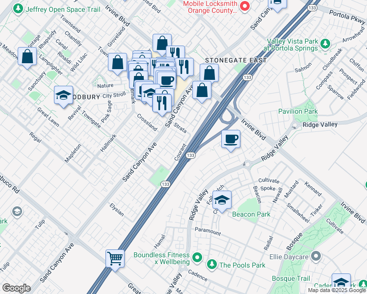 map of restaurants, bars, coffee shops, grocery stores, and more near 41 Courant in Irvine