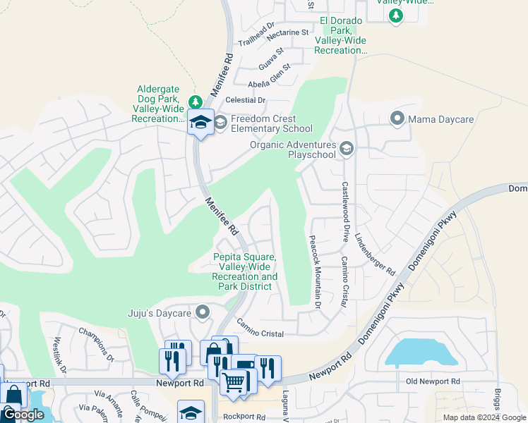 map of restaurants, bars, coffee shops, grocery stores, and more near 29378 Desert Terrace Drive in Menifee
