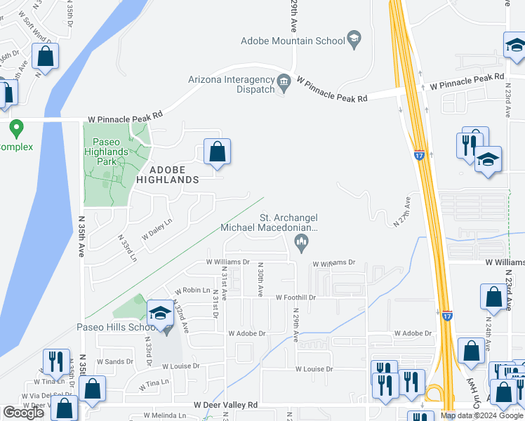 map of restaurants, bars, coffee shops, grocery stores, and more near 34836 North 30th Avenue in Phoenix