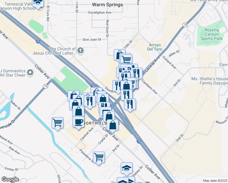 map of restaurants, bars, coffee shops, grocery stores, and more near Dexter Avenue in Lake Elsinore