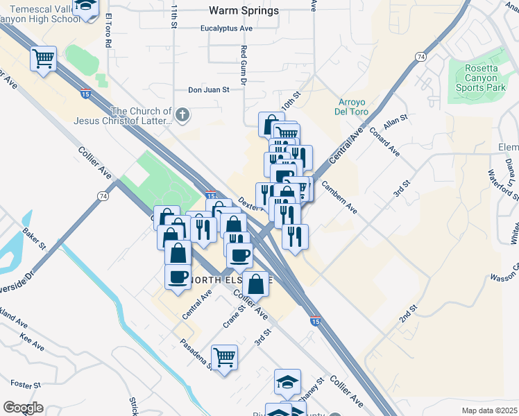 map of restaurants, bars, coffee shops, grocery stores, and more near Dexter Avenue in Lake Elsinore