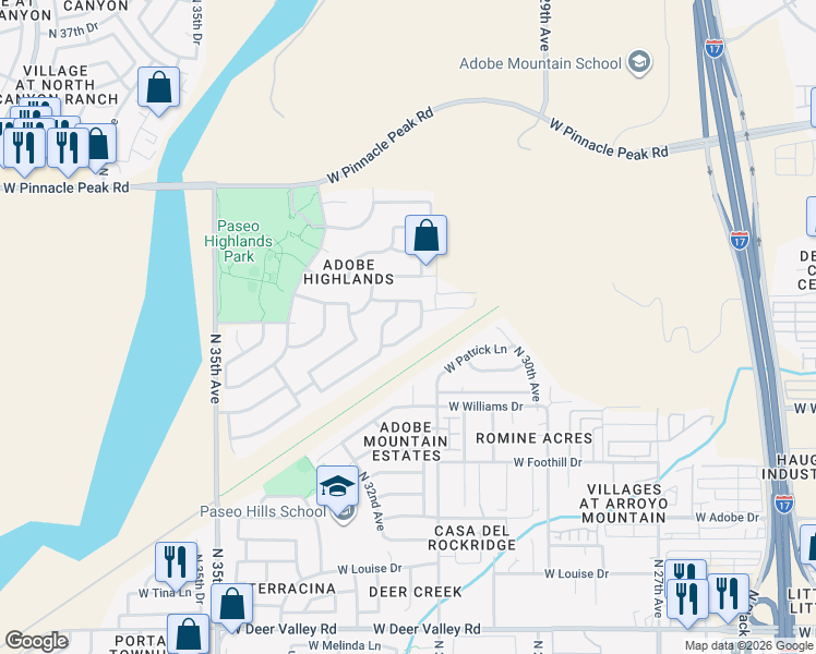 map of restaurants, bars, coffee shops, grocery stores, and more near 3201 West Adobe Dam Road in Phoenix