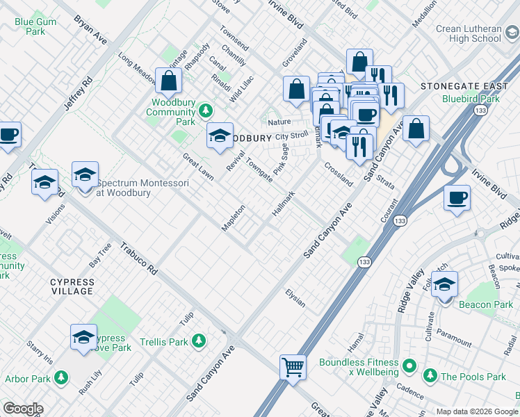 map of restaurants, bars, coffee shops, grocery stores, and more near 19307 Payton in Irvine