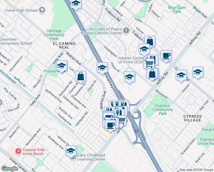 map of restaurants, bars, coffee shops, grocery stores, and more near 77 Oval Road in Irvine