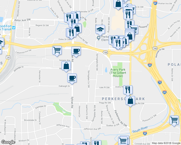 map of restaurants, bars, coffee shops, grocery stores, and more near 2246 Springdale Circle Southwest in Atlanta