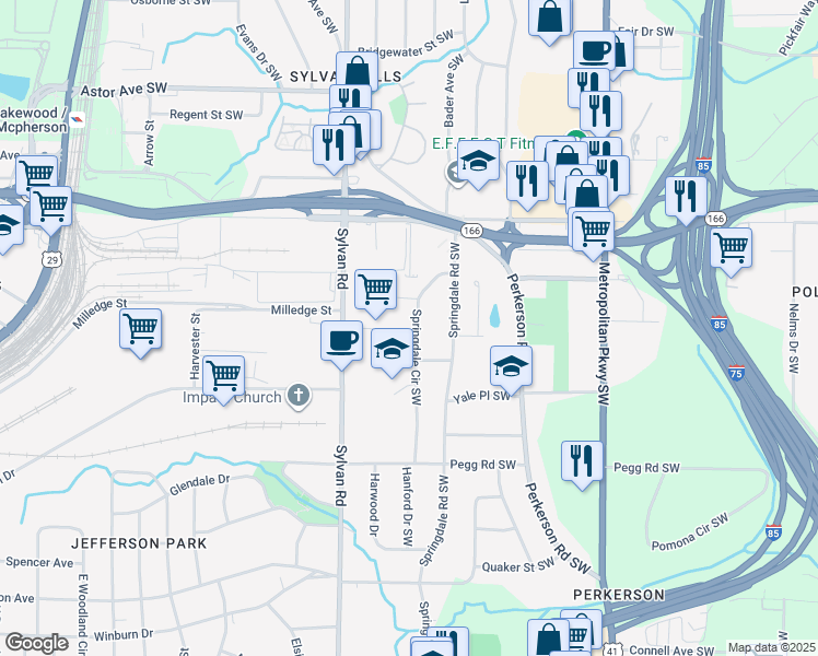 map of restaurants, bars, coffee shops, grocery stores, and more near 2246 Springdale Circle Southwest in Atlanta