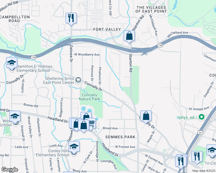 map of restaurants, bars, coffee shops, grocery stores, and more near 1917 Connally Drive in East Point