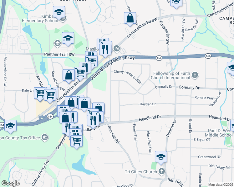 map of restaurants, bars, coffee shops, grocery stores, and more near 2282 Bonnybrook Way in East Point