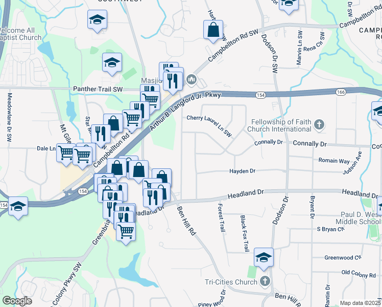 map of restaurants, bars, coffee shops, grocery stores, and more near 2253 Bonnybrook Way Southwest in Atlanta